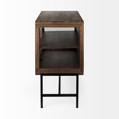 Arelius Medium Brown/Black Wood, Metal Base with 2 Glass Doors Accent Cabinet