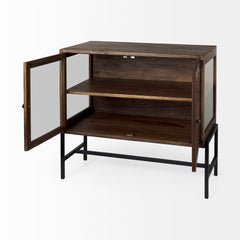 Arelius Medium Brown/Black Wood, Metal Base with 2 Glass Doors Accent Cabinet