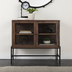 Arelius Medium Brown/Black Wood, Metal Base with 2 Glass Doors Accent Cabinet