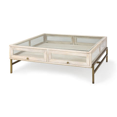Arelius White/Gold 42" Square Glass-Top Wood Display Coffee Table - Ornate Home