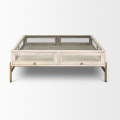 Arelius White/Gold 42" Square Glass-Top Wood Display Coffee Table - Ornate Home