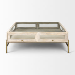 Arelius White/Gold 42" Square Glass-Top Wood Display Coffee Table - Ornate Home