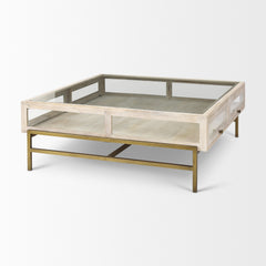 Arelius White/Gold 42" Square Glass-Top Wood Display Coffee Table - Ornate Home