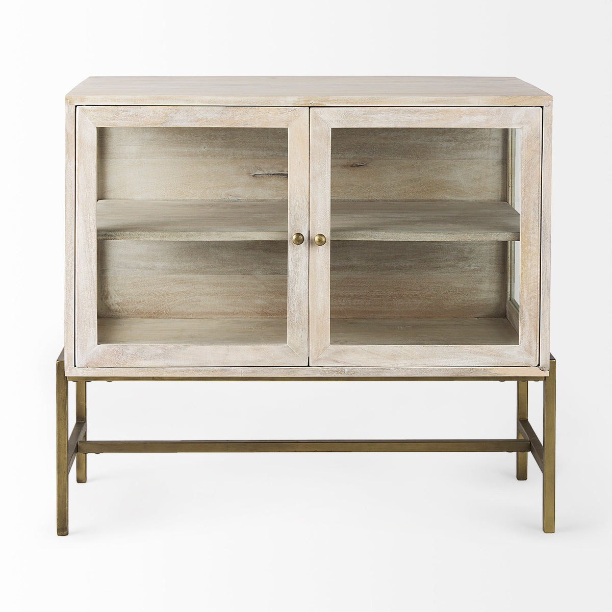 Arelius White/Gold Wood, Metal Base with 2 Glass Doors Accent Cabinet - Ornate Home
