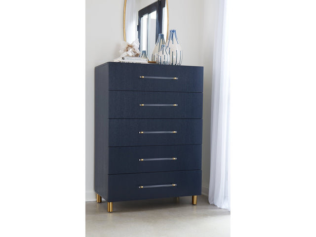 Argento Five Drawer Chest in Navy Blue and Burnished Brass - Ornate Home