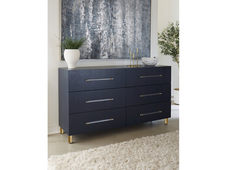 Argento Six Drawer Dresser in Navy Blue and Burnished Brass - Ornate Home