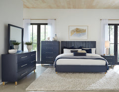 Argento Wave-Patterned California King Bed in Navy Blue and Burnished Brass - Ornate Home