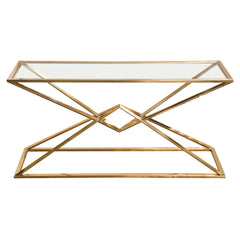 Aria Gold Rectangle Console Table w/ Polished Gold Finish Base & Clear, Tempered Glass Top by Diamond Sofa - Ornate Home