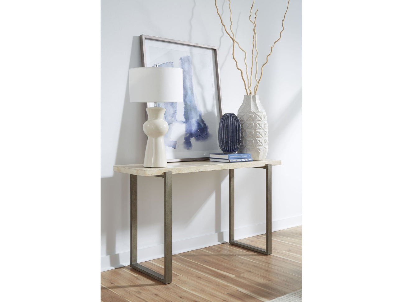 Ariela Natural Travertine Console Table with Bronze Metal Base - Ornate Home