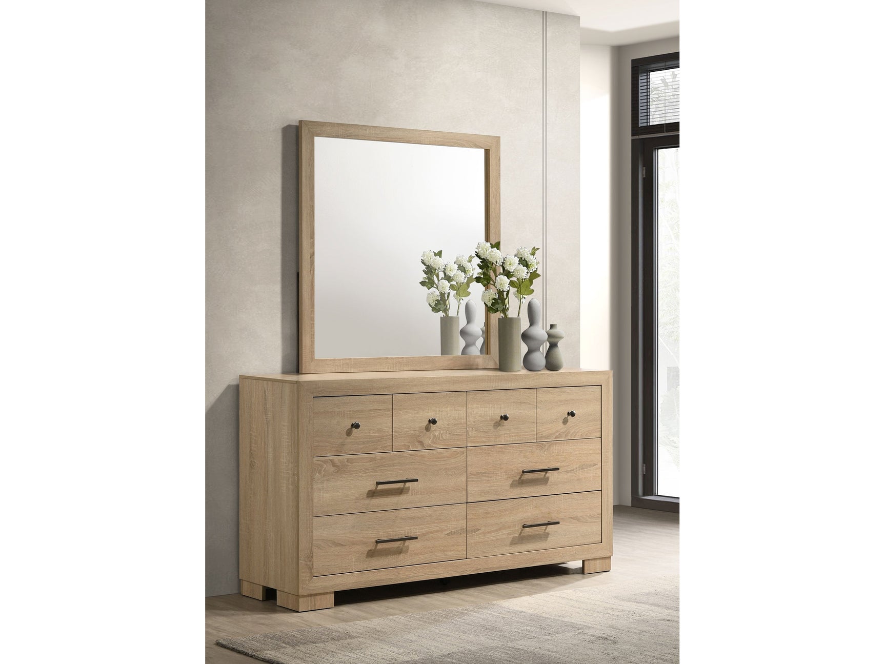 Arielle Light Oak 6-drawer Bedroom Dresser with Mirror - Ornate Home