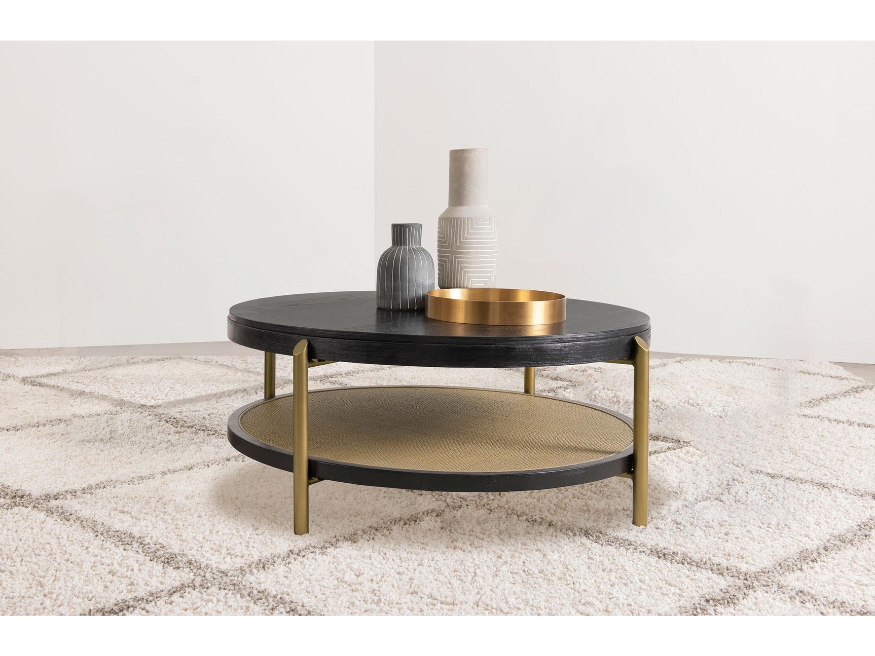 Arini Black Round Coffee Table With Storage Shelf - Ornate Home