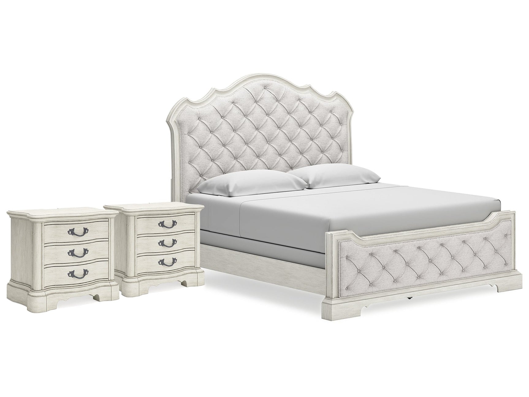 Arlendyne Antique White King Panel Bedroom Set with 2 Nightstands - Ornate Home