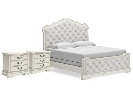 Arlendyne Antique White King Panel Bedroom Set with 2 Nightstands - Ornate Home