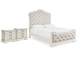 Arlendyne Antique White Queen Upholstered Panel Bed & 2 Nightstands - Ornate Home