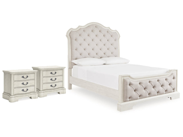 Arlendyne Antique White Queen Upholstered Panel Bed & 2 Nightstands - Ornate Home
