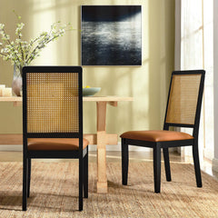 Arlo Black/Natural/Tan Vegan Leather Upholstered Faux Rattan and Wood Dining Side Chairs (Set of 2) - Ornate Home