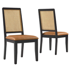 Arlo Black/Natural/Tan Vegan Leather Upholstered Faux Rattan and Wood Dining Side Chairs (Set of 2) - Ornate Home