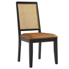 Arlo Black/Natural/Tan Vegan Leather Upholstered Faux Rattan and Wood Dining Side Chairs (Set of 2) - Ornate Home
