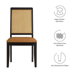 Arlo Black/Natural/Tan Vegan Leather Upholstered Faux Rattan and Wood Dining Side Chairs (Set of 2) - Ornate Home