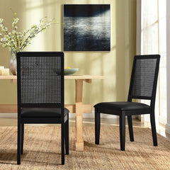 Arlo Black Vegan Leather Upholstered Faux Rattan and Wood Dining Side Chairs (Set of 2) - Ornate Home