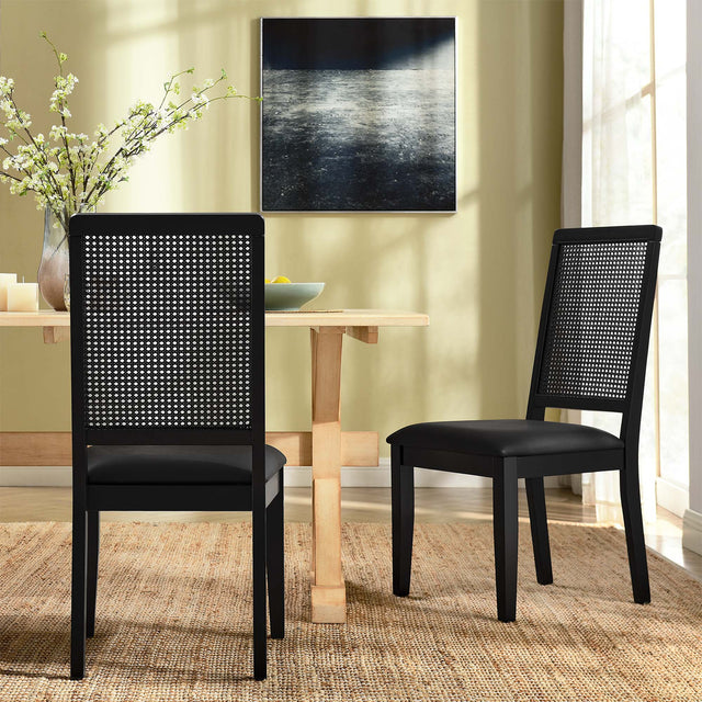 Arlo Black Vegan Leather Upholstered Faux Rattan and Wood Dining Side Chairs (Set of 2) - Ornate Home