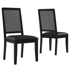Arlo Black Vegan Leather Upholstered Faux Rattan and Wood Dining Side Chairs (Set of 2) - Ornate Home