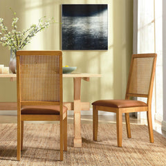 Arlo Natural/Tan Vegan Leather Upholstered Faux Rattan and Wood Dining Side Chairs (Set of 2) - Ornate Home