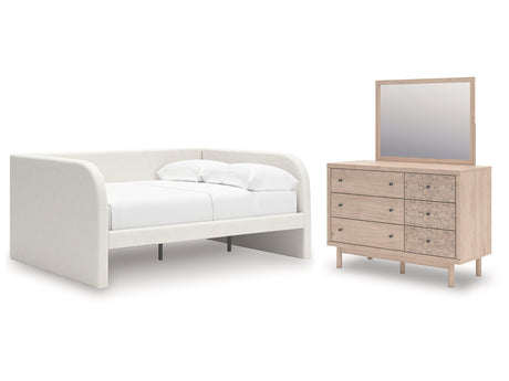 Arloster White/Tan Full Upholstered Day Bed, Dresser and Mirror - Ornate Home
