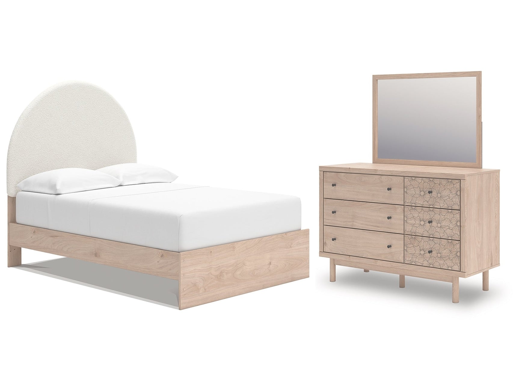 Arloster White/Tan Full Upholstered Panel Bed, Dresser and Mirror (Online Special Price) - Ornate Home
