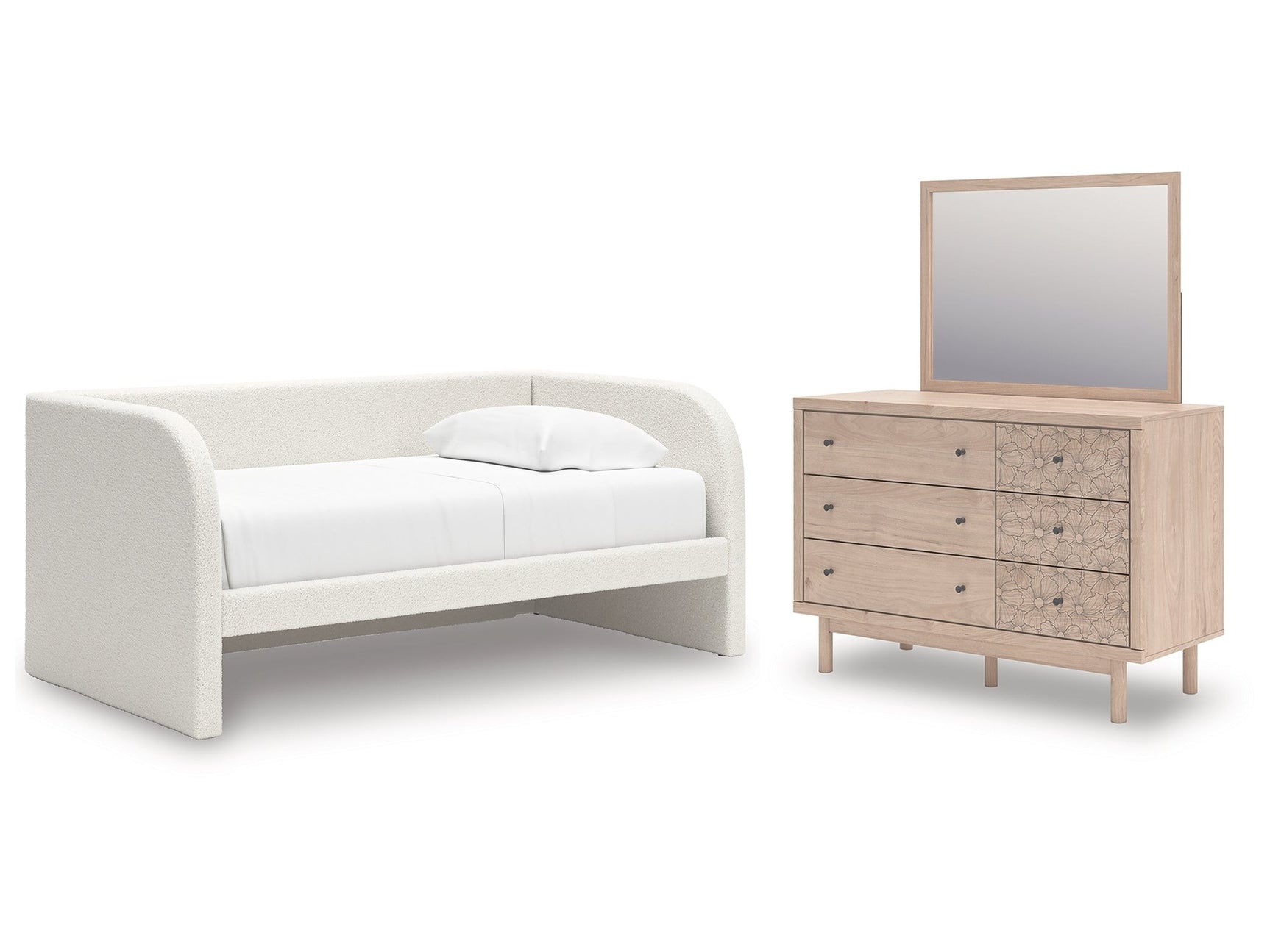 Arloster White/Tan Twin Upholstered Day Bed, Dresser and Mirror - Ornate Home
