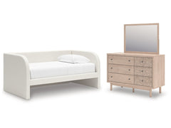 Arloster White/Tan Twin Upholstered Day Bed, Dresser and Mirror - Ornate Home