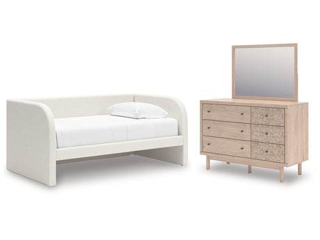 Arloster White/Tan Twin Upholstered Day Bed, Dresser and Mirror - Ornate Home