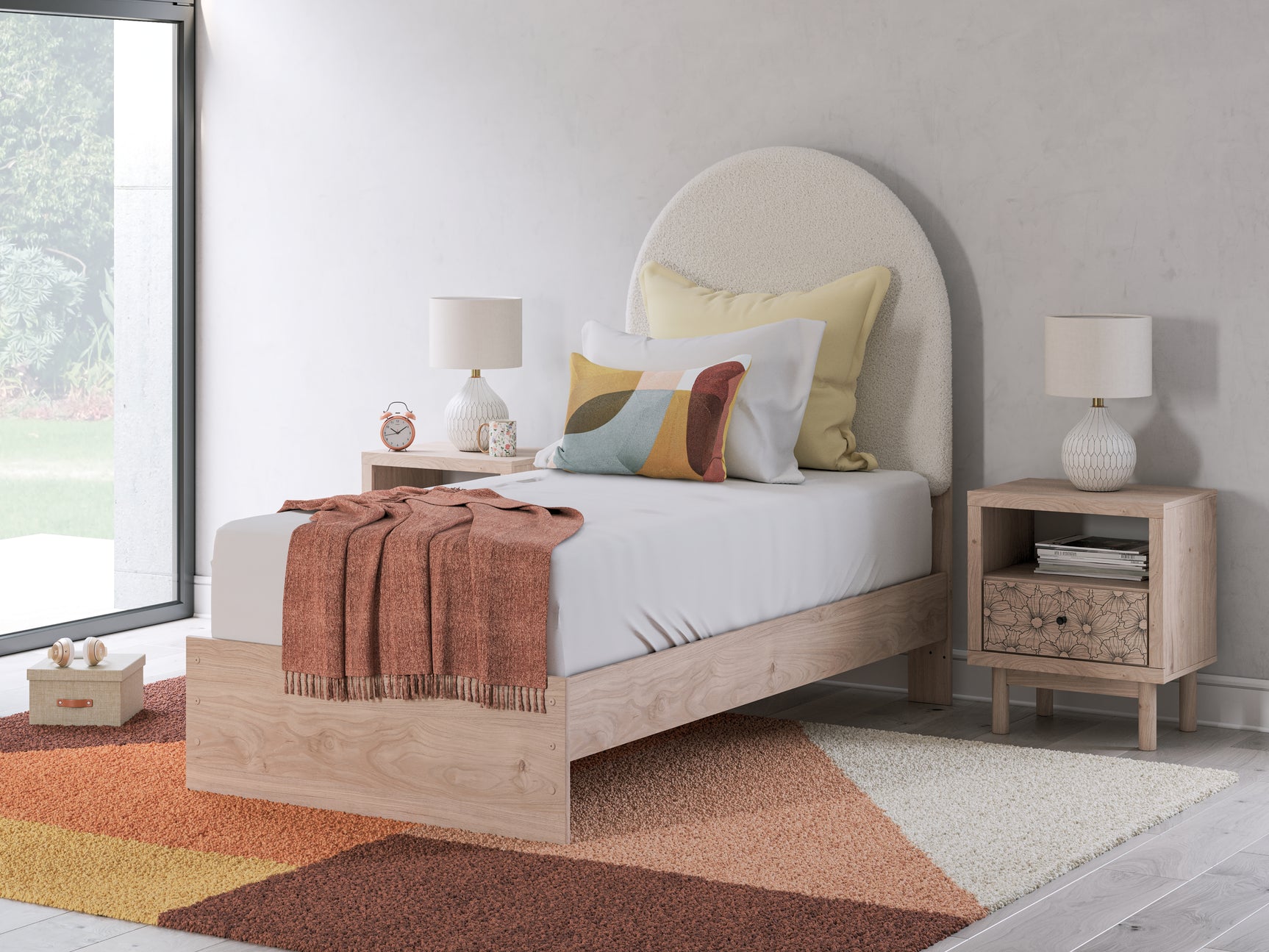 Arloster White/Tan Twin Upholstered Panel Bed, Dresser and Mirror (Online Special Price) - Ornate Home