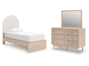 Arloster White/Tan Twin Upholstered Panel Bed, Dresser and Mirror - Ornate Home