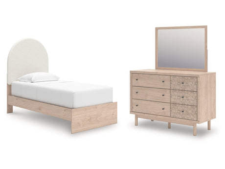 Arloster White/Tan Twin Upholstered Panel Bed, Dresser and Mirror - Ornate Home