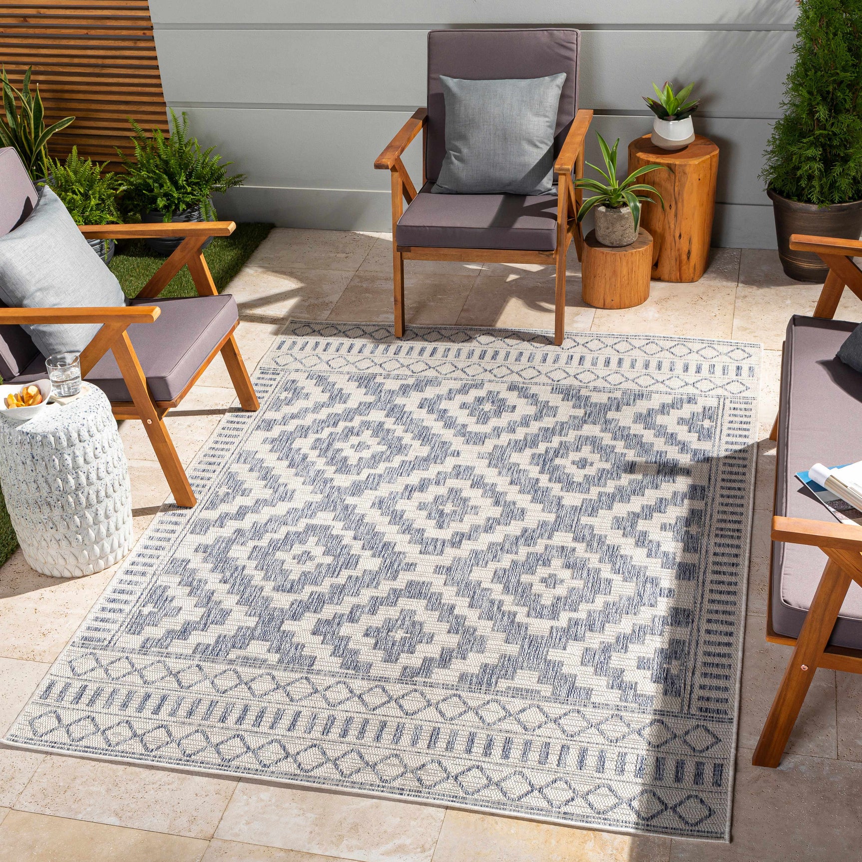 Armen Cream&Blue Outdoor Rug - Ornate Home