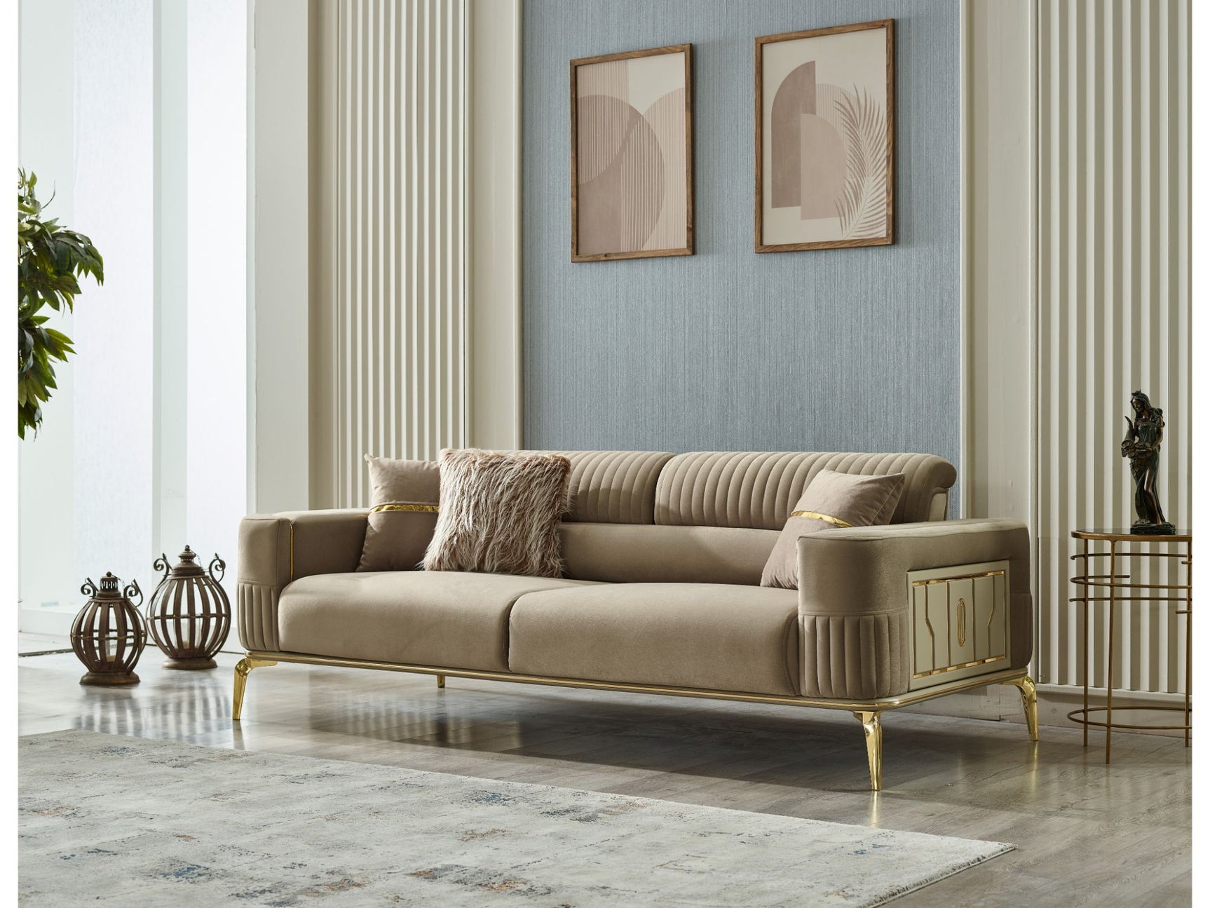 Armoni Beige Convertible Sofa With Gold Legs