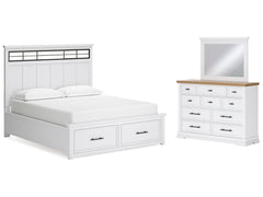 Ashbryn White/Natural California King Panel Storage Bedroom Set with Dresser and Mirror - Ornate Home