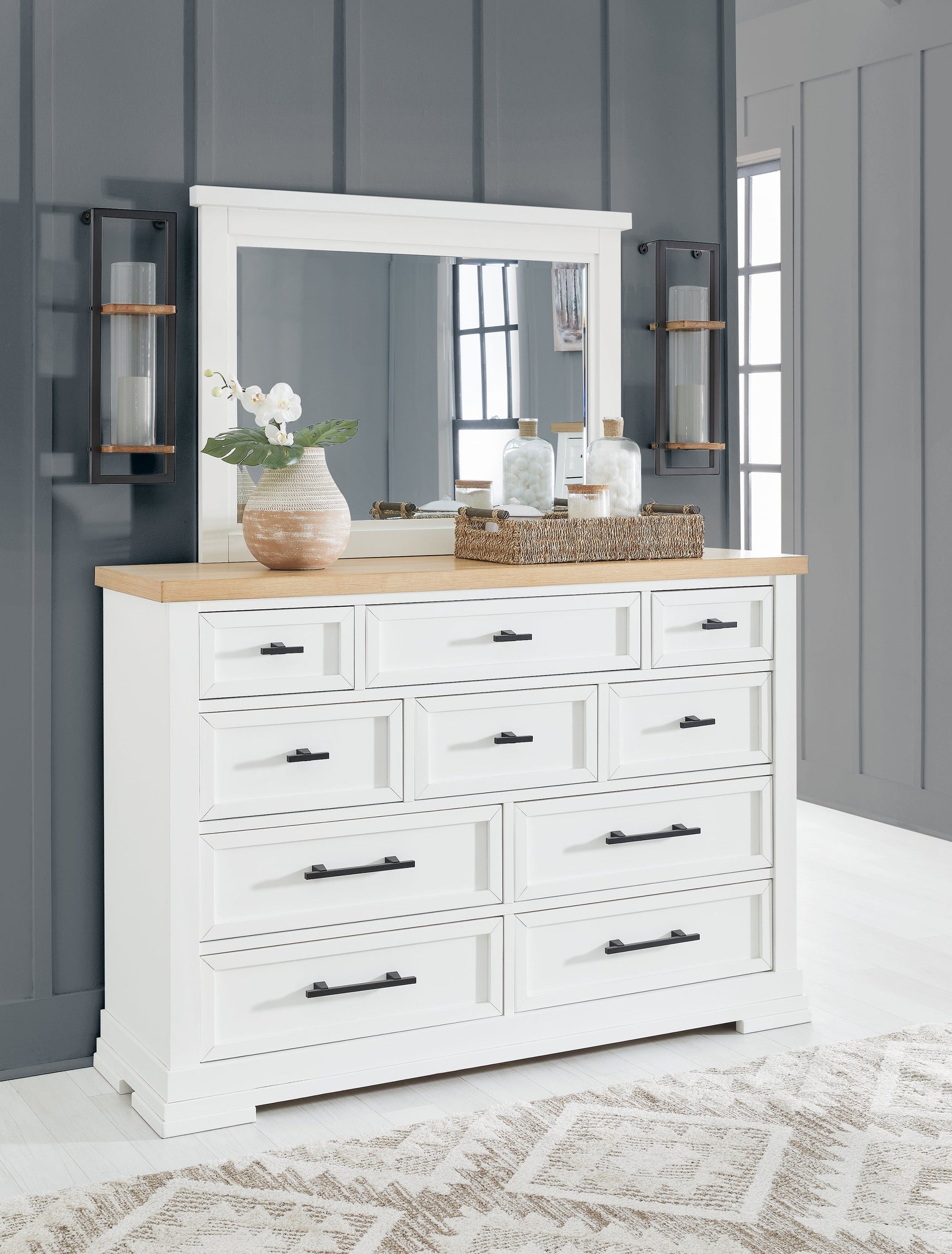 Ashbryn White/Natural King Panel Bedroom Set with Dresser, Mirror and 2 Nightstands (Online Special Price) - Ornate Home