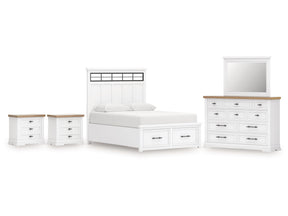 Ashbryn White/Natural King Panel Bedroom Set with Dresser, Mirror and 2 Nightstands - Ornate Home