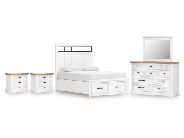 Ashbryn White/Natural King Panel Bedroom Set with Dresser, Mirror and 2 Nightstands - Ornate Home