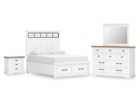 Ashbryn White/Natural King Panel Storage Bedroom Set with Dresser, Mirror and Nightstand - Ornate Home