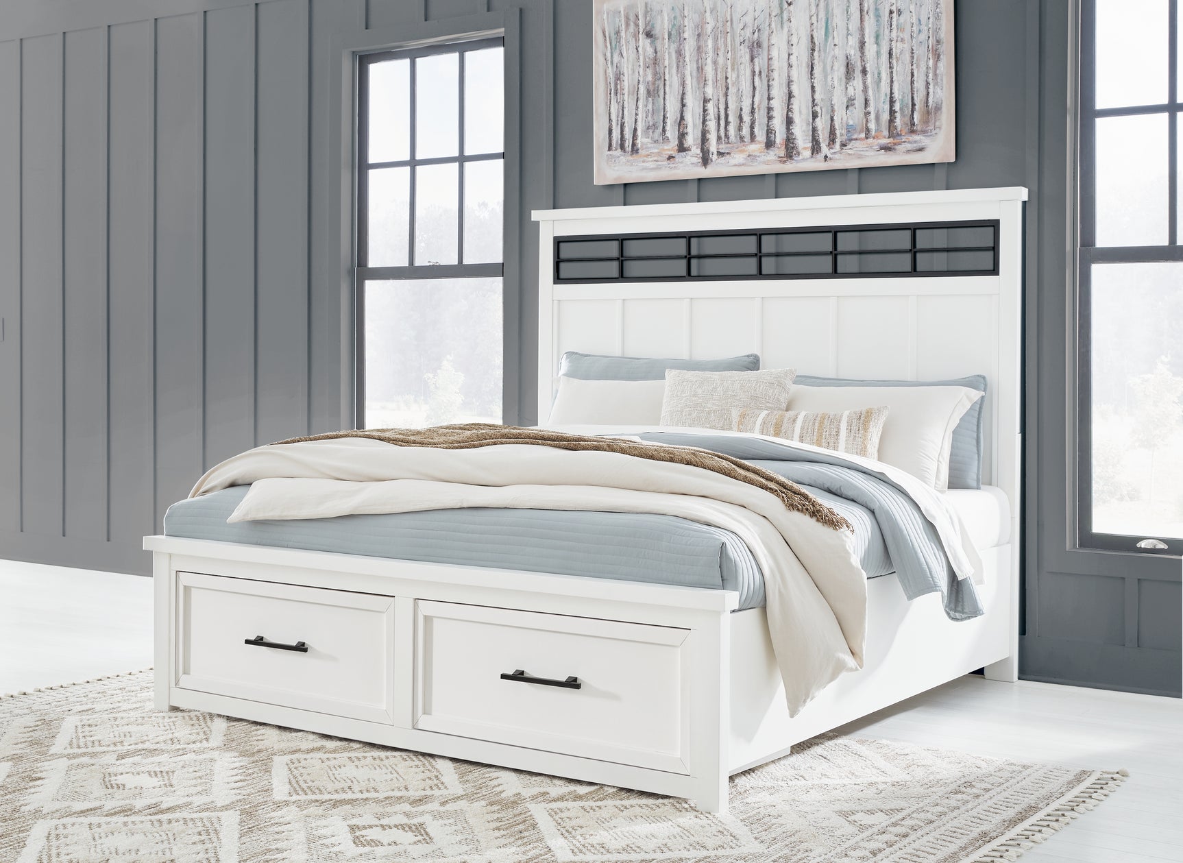 Ashbryn White/Natural King Panel Storage Bedroom Set with Dresser, Mirror and Nightstand - Ornate Home