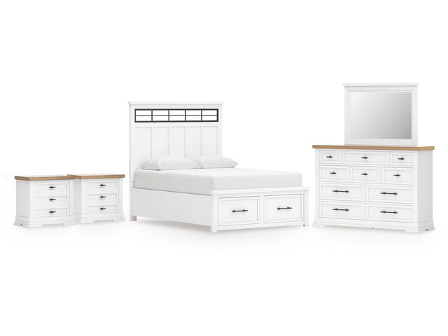 Ashbryn White/Natural Queen Panel Storage Bedroom Set with Dresser, Mirror and 2 Nightstands (Online Special Price) - Ornate Home
