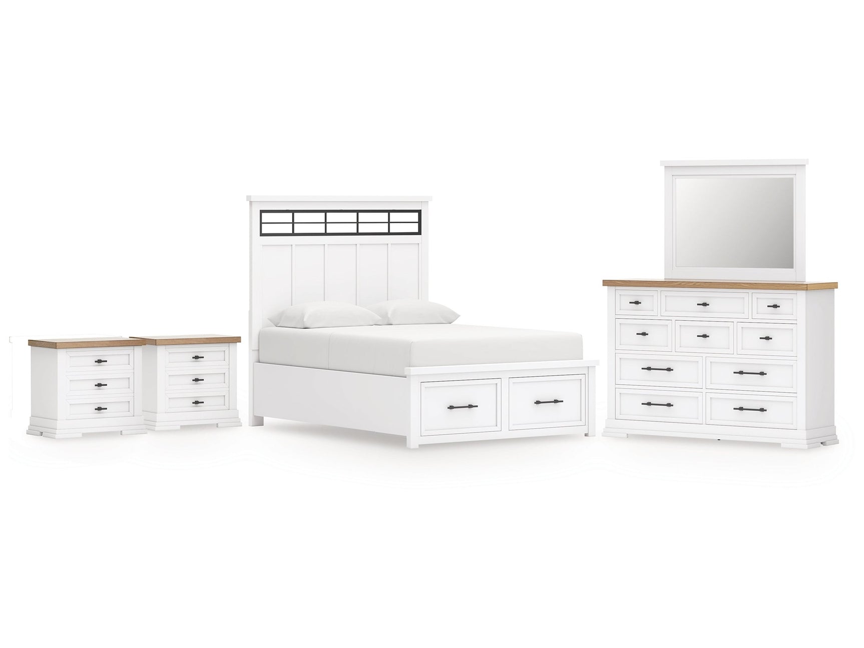 Ashbryn White/Natural Queen Panel Storage Bedroom Set with Dresser, Mirror and 2 Nightstands - Ornate Home