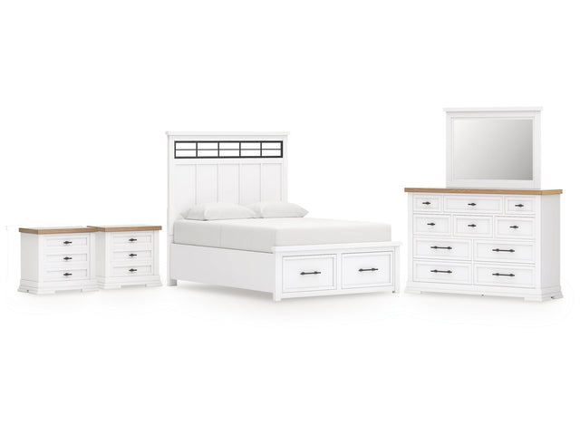 Ashbryn White/Natural Queen Panel Storage Bedroom Set with Dresser, Mirror and 2 Nightstands - Ornate Home