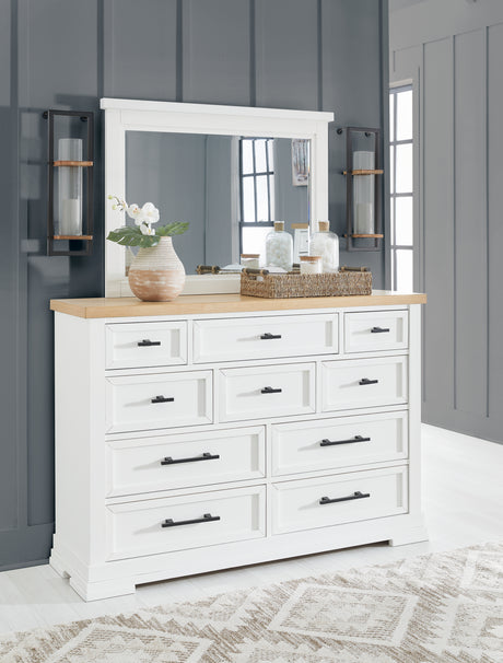 Ashbryn White/Natural Queen Panel Storage Bedroom Set with Dresser, Mirror and 2 Nightstands - Ornate Home