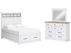 Ashbryn White/Natural Queen Panel Storage Bedroom Set with Dresser and Mirror - Ornate Home