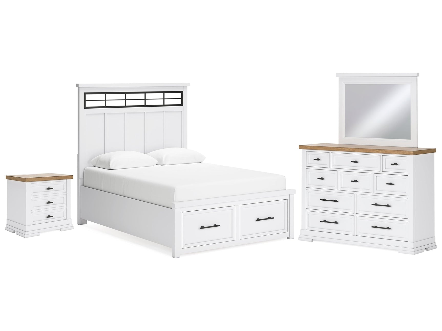 Ashbryn White/Natural Queen Storage Bed, Dresser, Mirror and Nightstand - Ornate Home