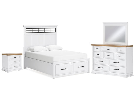 Ashbryn White/Natural Queen Storage Bed, Dresser, Mirror and Nightstand - Ornate Home